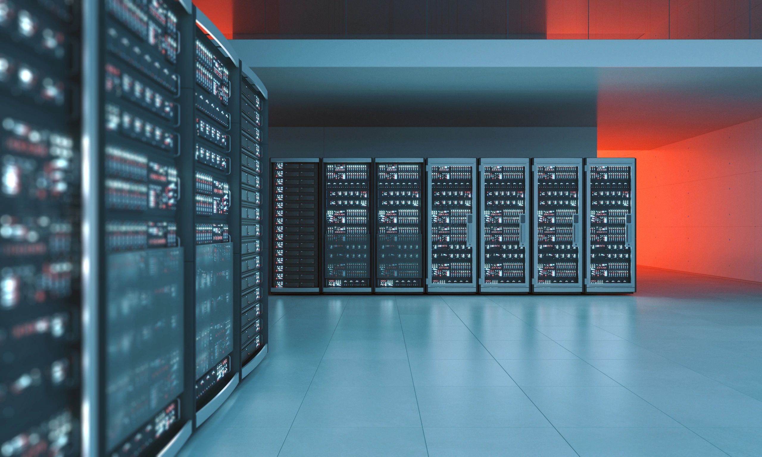 Rows of servers in a modern data center