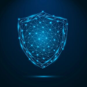 Cybersecurity shield icon with connected nodes